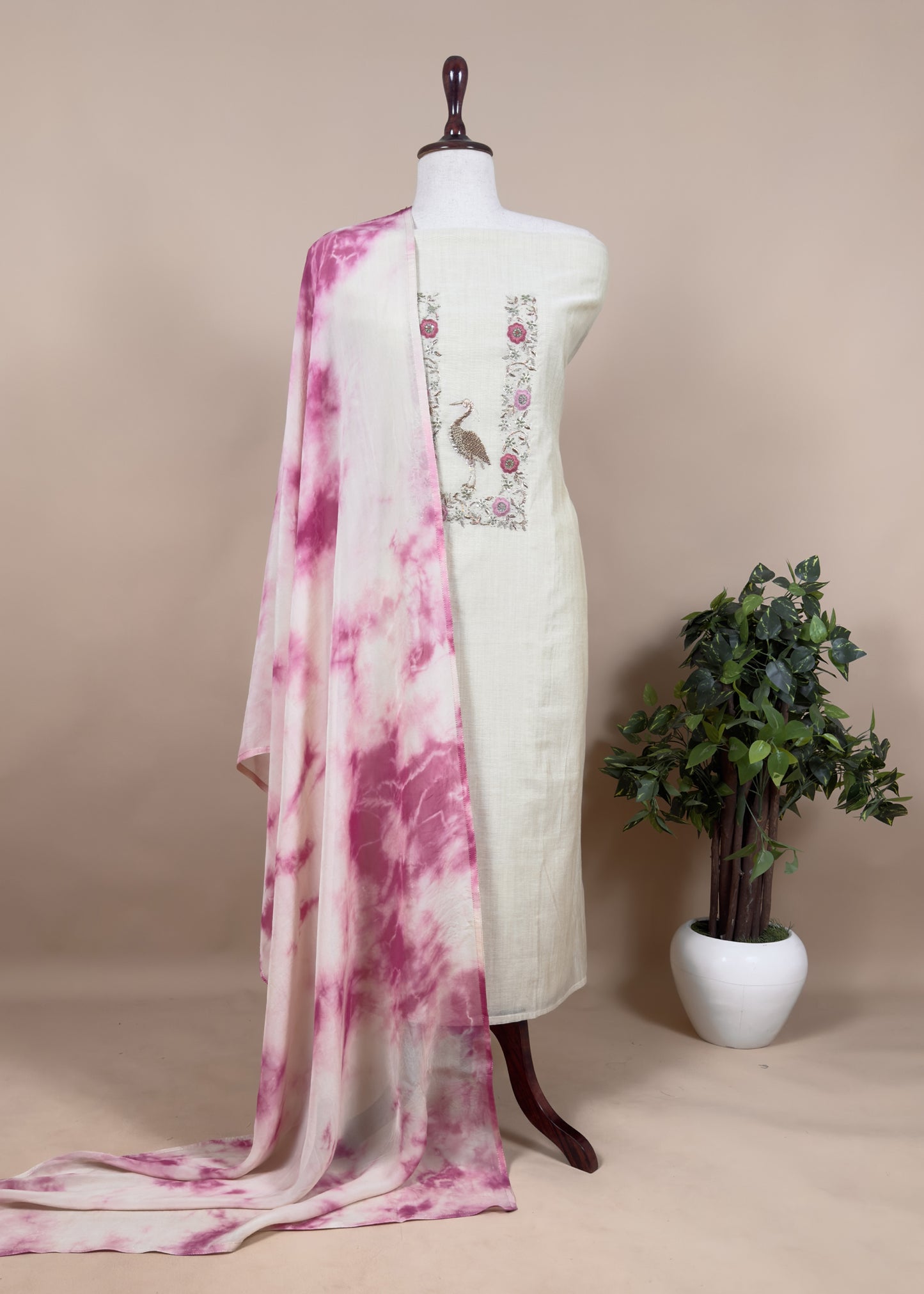 Off White Chanderi Unstitched Suit With Green Organza Dupatta