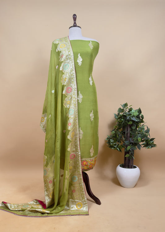 Green Georgette Organza Unstitched Suit With Meenakari Work