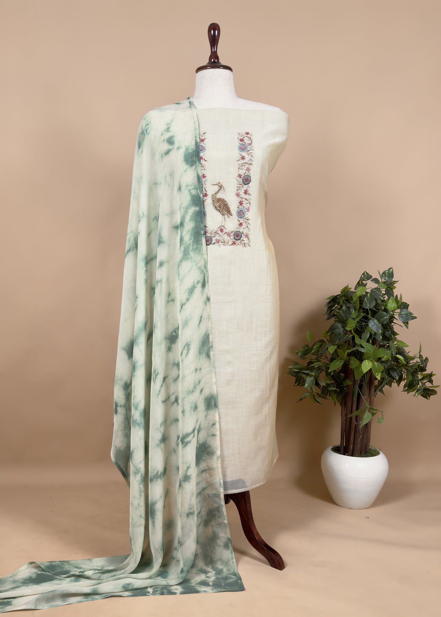 Off White Chanderi Unstitched Suit With Pink Organza Dupatta