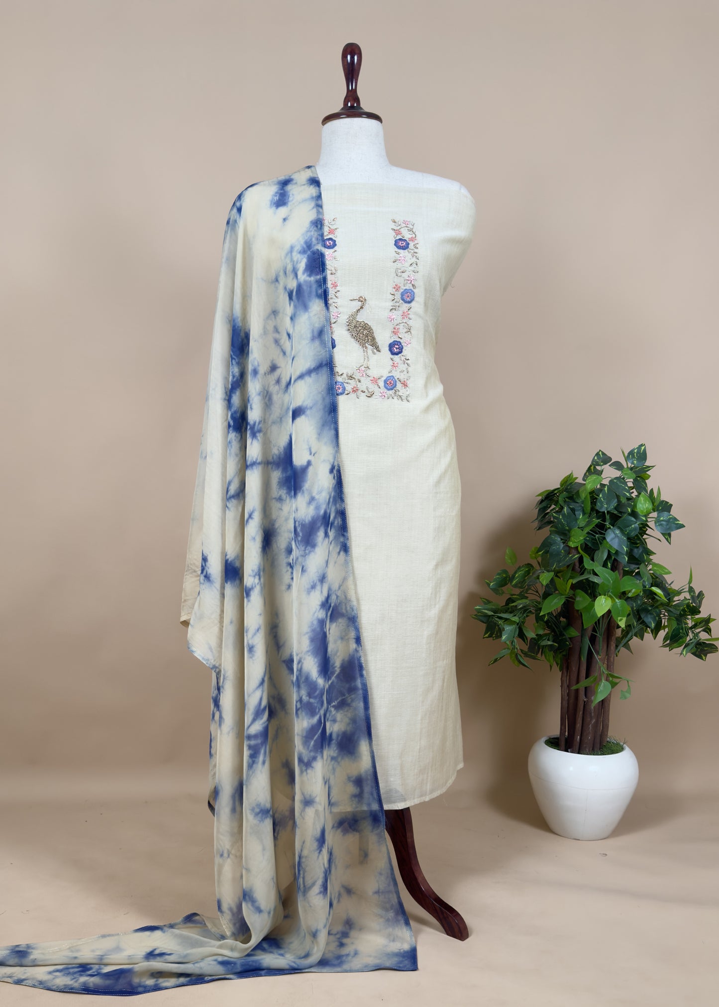 Off White Chanderi Unstitched Suit With Pink Organza Dupatta