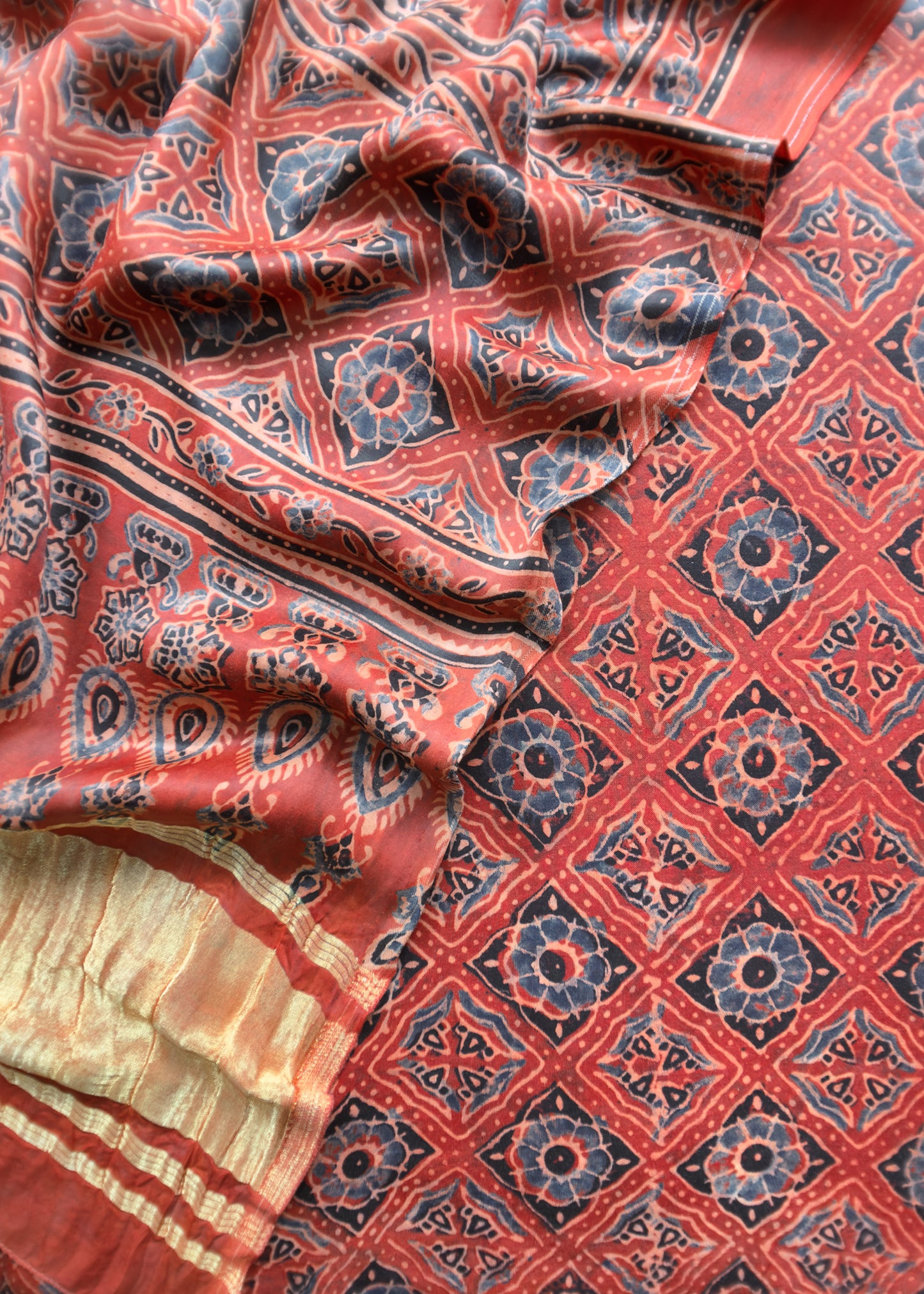 Red Ajrakh Hand Block Unstitched Suit In Pure Modal