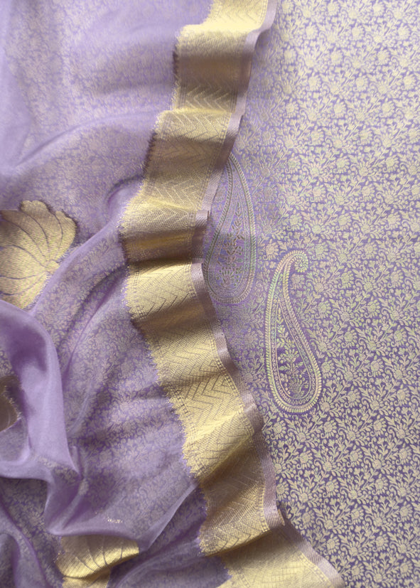 Purple Banarasi Silk Brocade Suit With Organza Dupatta
