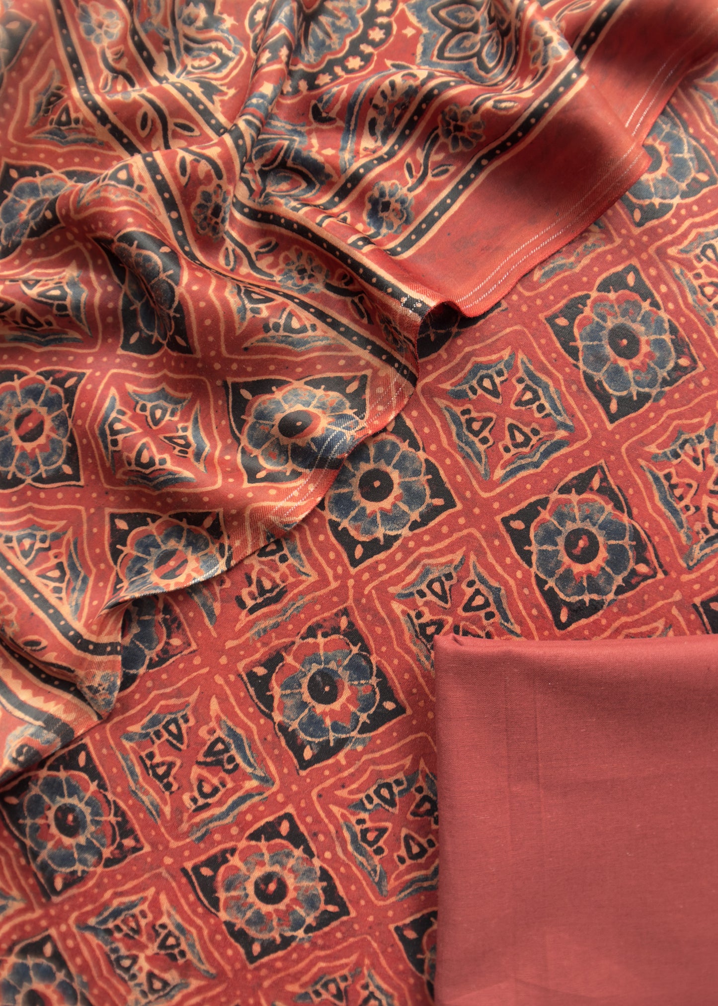 Red Ajrakh Hand Block Unstitched Suit In Pure Modal