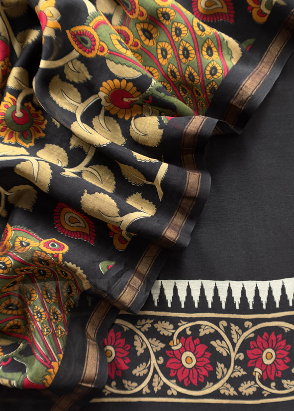 Black Pure Maheshwari Unstitched Suits With Kalamkari Dupatta