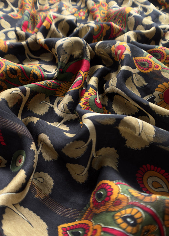 Black Pure Maheshwari Unstitched Suits With Kalamkari Dupatta