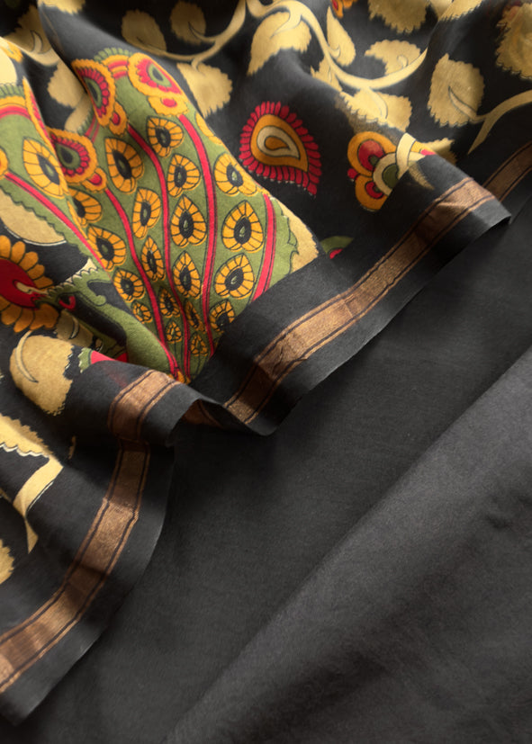 Black Pure Maheshwari Unstitched Suits With Kalamkari Dupatta