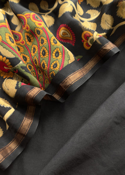 Black Pure Maheshwari Unstitched Suits With Kalamkari Dupatta