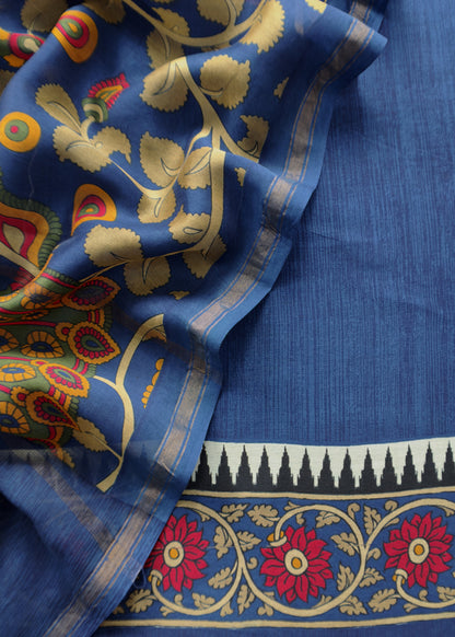 Blue Pure Maheshwari Unstitched Suits With Kalamkari Dupatta
