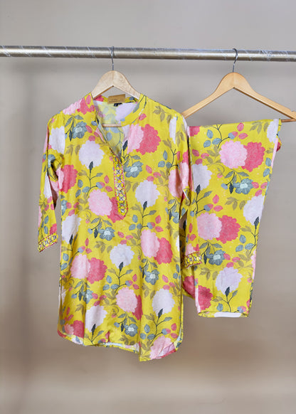 Digital Print Stitched Cord Set On Embroidered Neckline And Sleeves