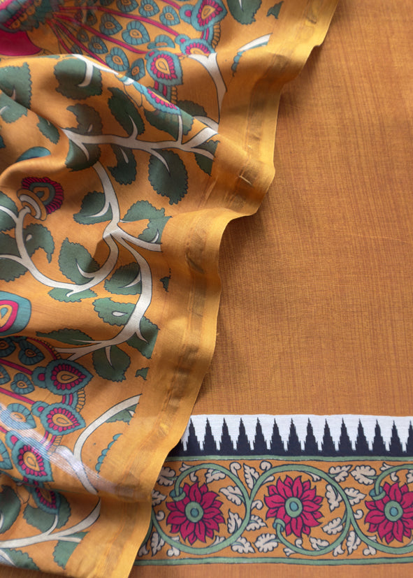 Yellow Pure Maheshwari Unstitched Suits With Kalamkari Dupatta
