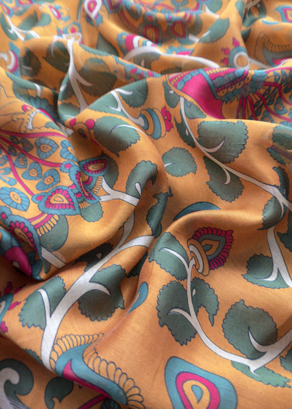 Yellow Pure Maheshwari Unstitched Suits With Kalamkari Dupatta