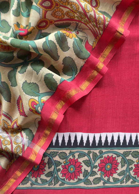 Red Pure Maheshwari Unstitched Suits With Kalamkari Dupatta