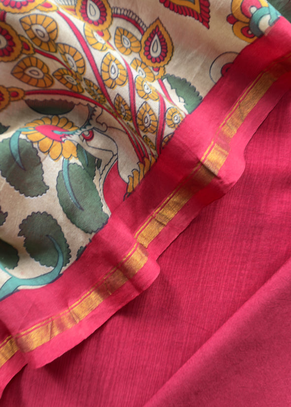 Red Pure Maheshwari Unstitched Suits With Kalamkari Dupatta