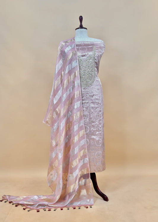 Peach Handloom Brocade Tissue Silk Suit With Dabka, Dori, Zardosi Handwork