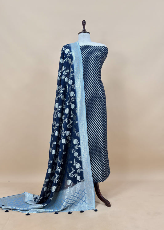 Blue Handloom Khadi Weaving Unstitched Suit In Georgette