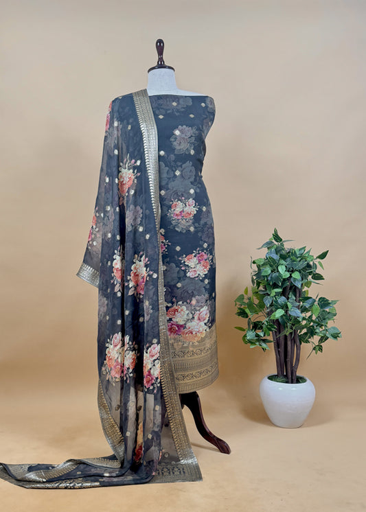 Black Floral Print Organza Unstitched Suit With Zari Weaving