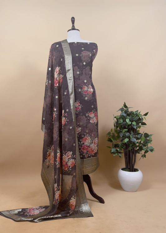 Brunette brown Floral Print Organza Unstitched Suit With Zari Weaving