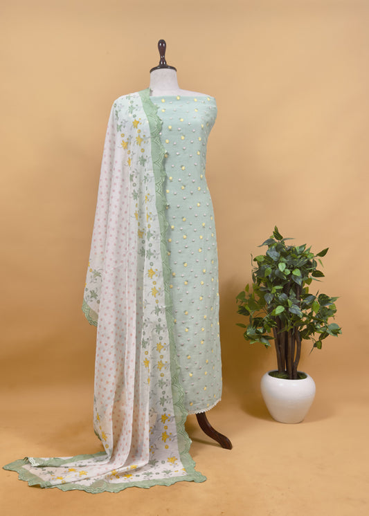 Green Embroidered Unstitched Mulmul Suit With Scalloped Border.