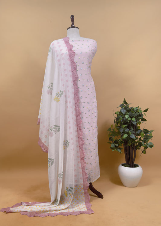 Baby Pink Embroidered Unstitched Mulmul Suit With Scalloped Border.
