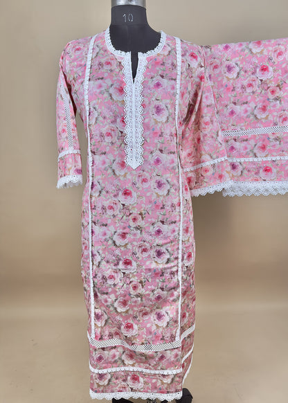 Pink Cord Set in Lawn Fabric Adorned With White Laces