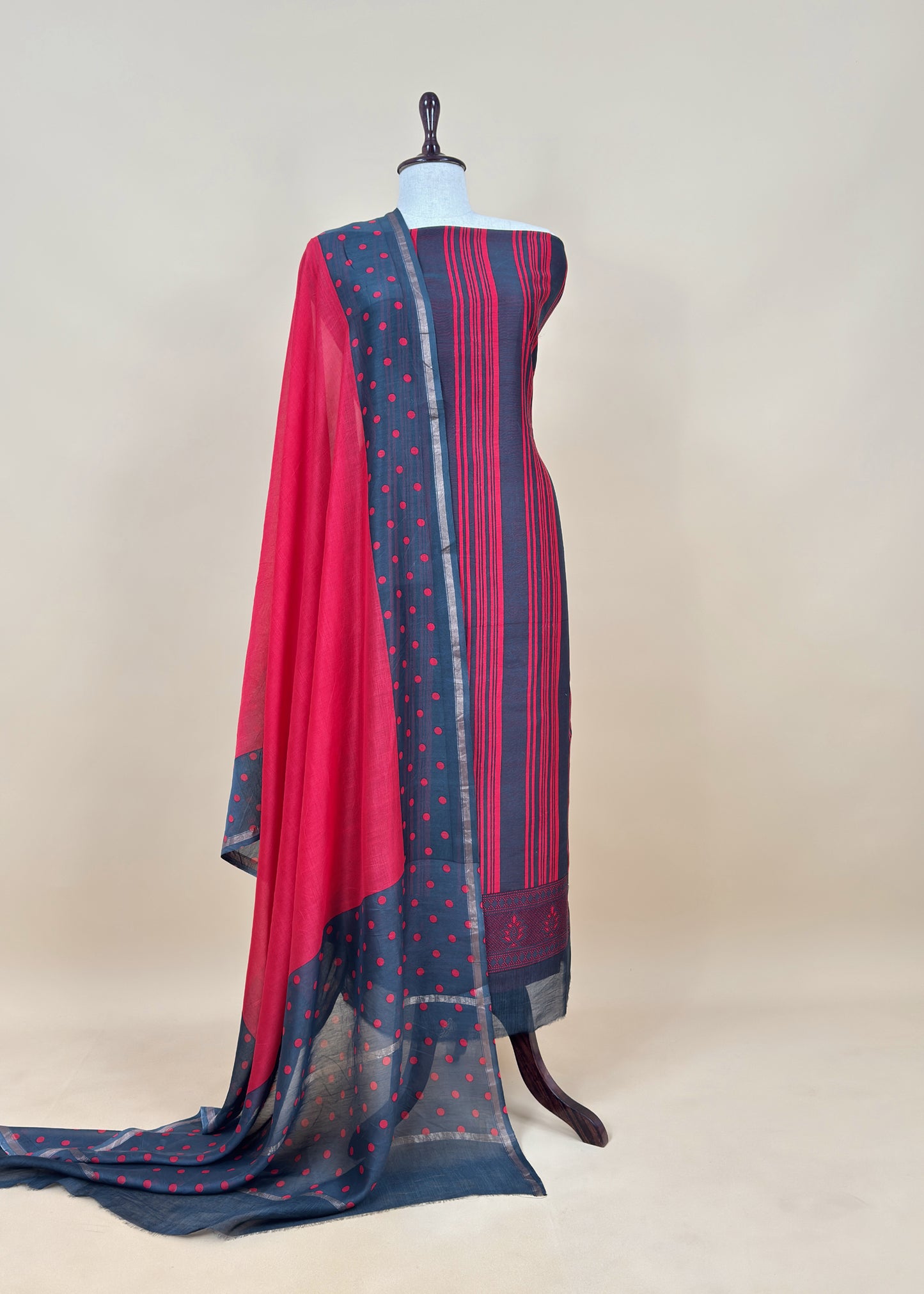 Yellow And Blue Maheshwari Silk Unstitched Suit With Dupatta