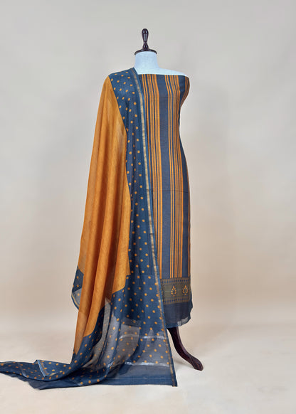 Yellow And Blue Maheshwari Silk Unstitched Suit With Dupatta