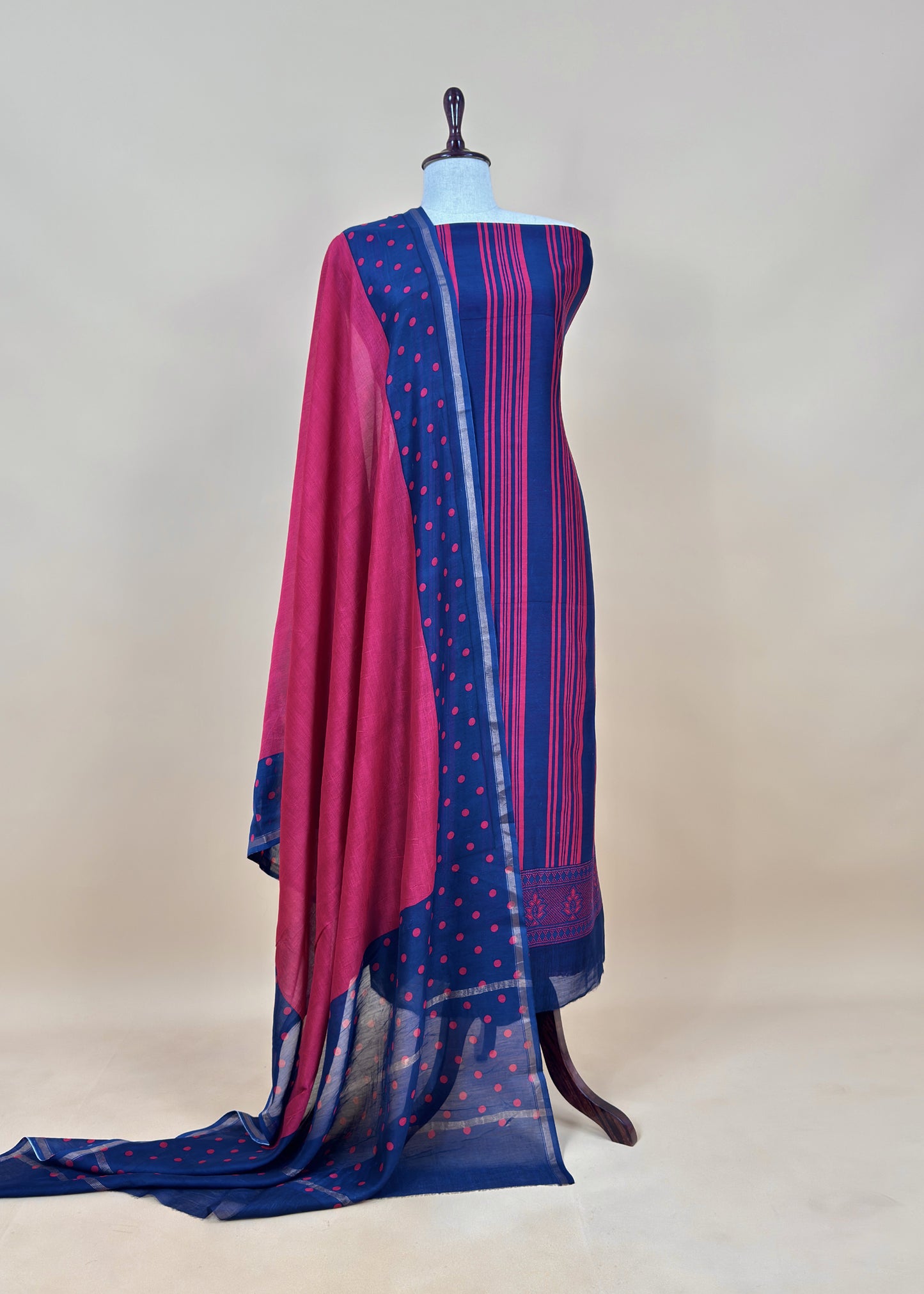 Yellow And Blue Maheshwari Silk Unstitched Suit With Dupatta