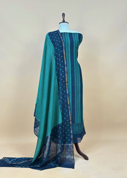 Yellow And Blue Maheshwari Silk Unstitched Suit With Dupatta