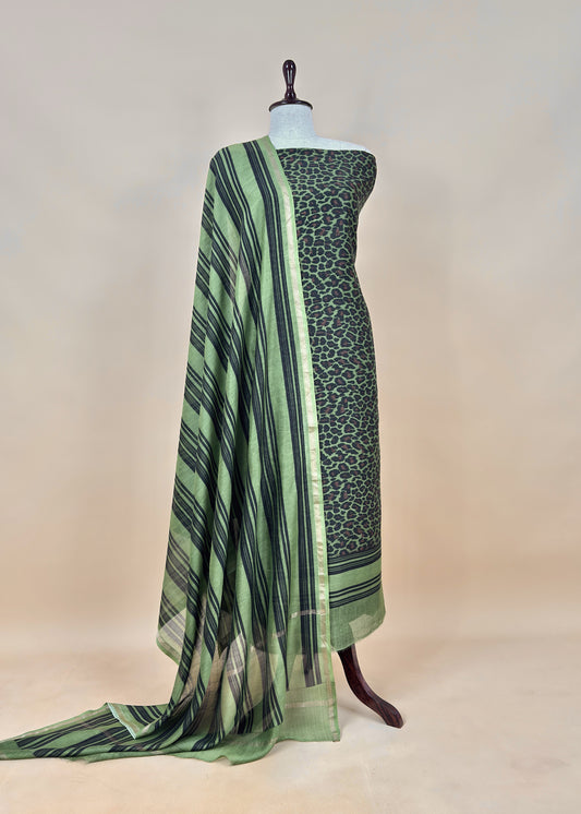 Green and Black Pure Maheshwari Silk Suit With Dupatta