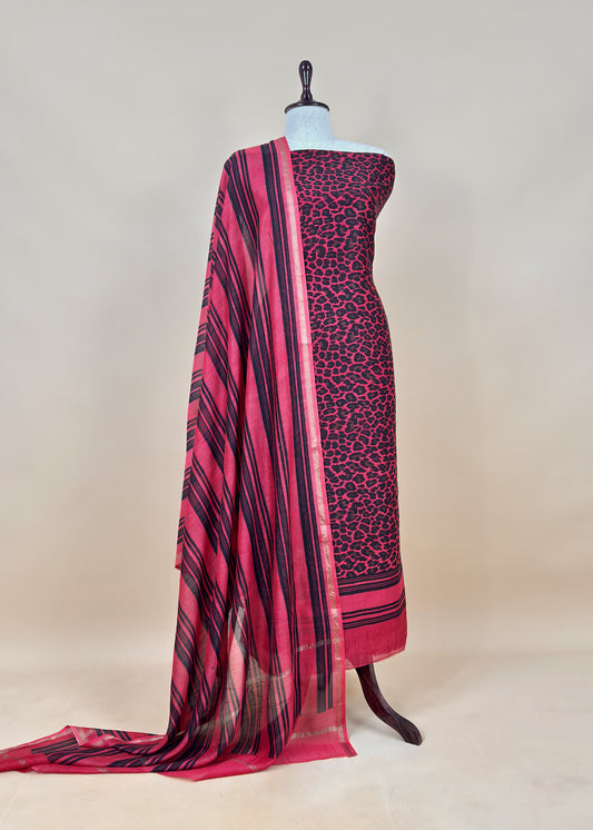 Red and Black Pure Maheshwari Silk Suit With Dupatta