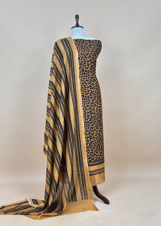 Yellow and Black Pure Maheshwari Silk Suit With Dupatta