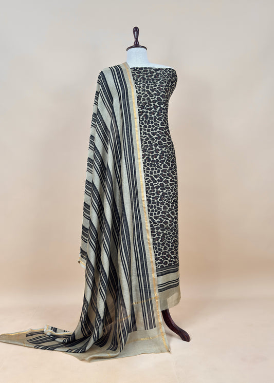 Beige and Black Pure Maheshwari Silk Suit With Dupatta