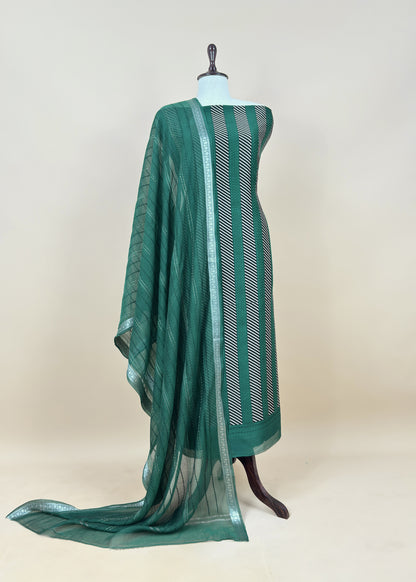 Green Maheshwari Silk Suit Fabric With kantha Dupatta And Kantha Stitch Hand Embroidery