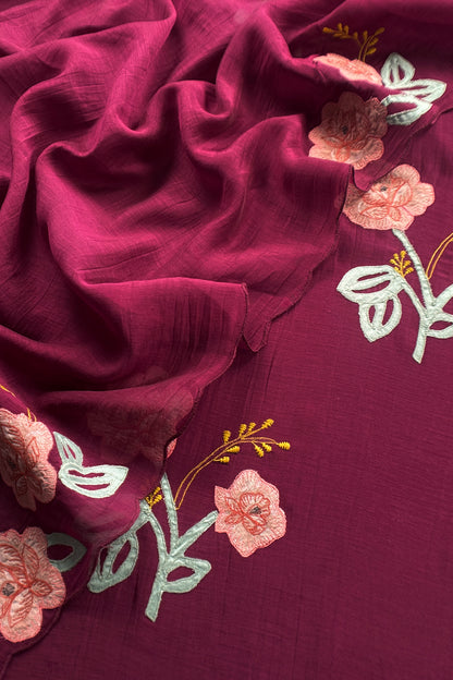 Wine Pure Mulmul Suit Fabric With Applique Work