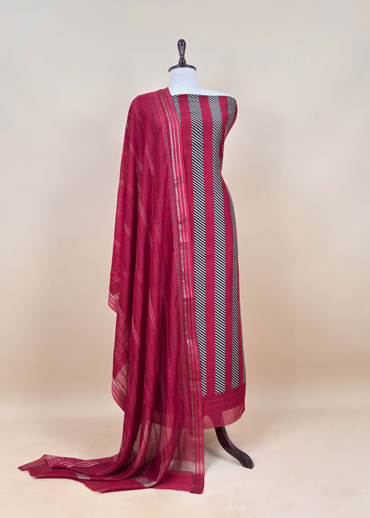 Red Maheshwari Silk Suit Fabric With kantha Dupatta And Kantha Stitch Hand Embroidery