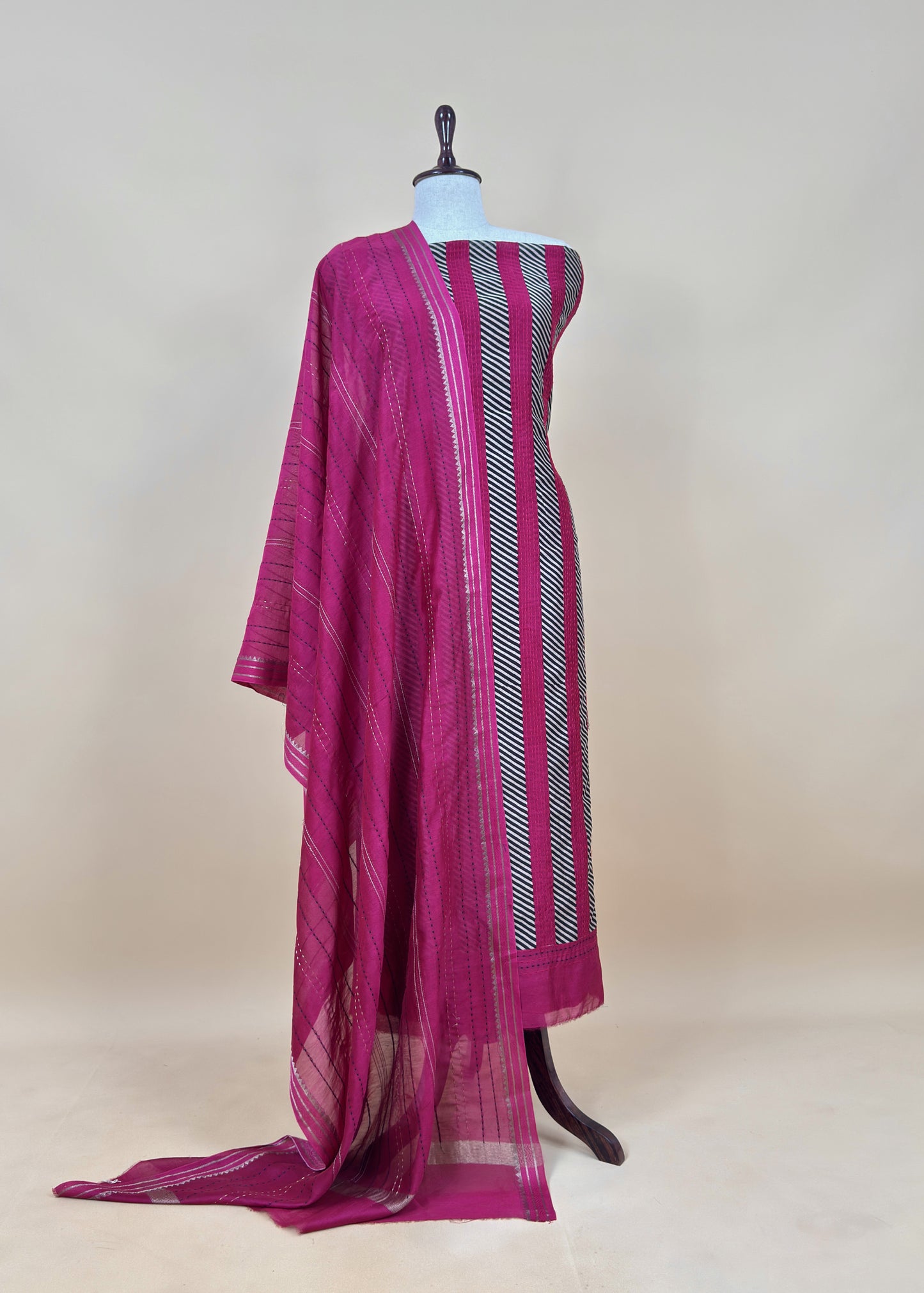 Green Maheshwari Silk Suit Fabric With kantha Dupatta And Kantha Stitch Hand Embroidery