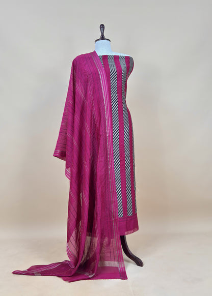 Green Maheshwari Silk Suit Fabric With kantha Dupatta And Kantha Stitch Hand Embroidery