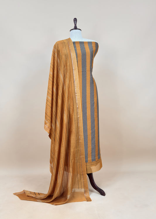 Yellow Maheshwari Silk Suit Fabric With kantha Dupatta And Kantha Stitch Hand Embroidery
