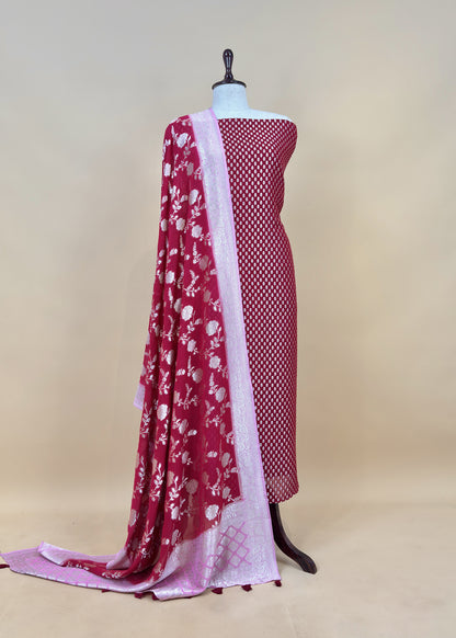 Blue Handloom Khadi Weaving Unstitched Suit In Georgette