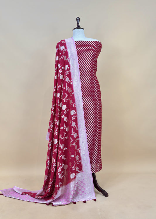 Blood Red Handloom Khadi Weaving Unstitched Suit In Georgette