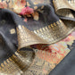 Black Floral Print Organza Unstitched Suit With Zari Weaving