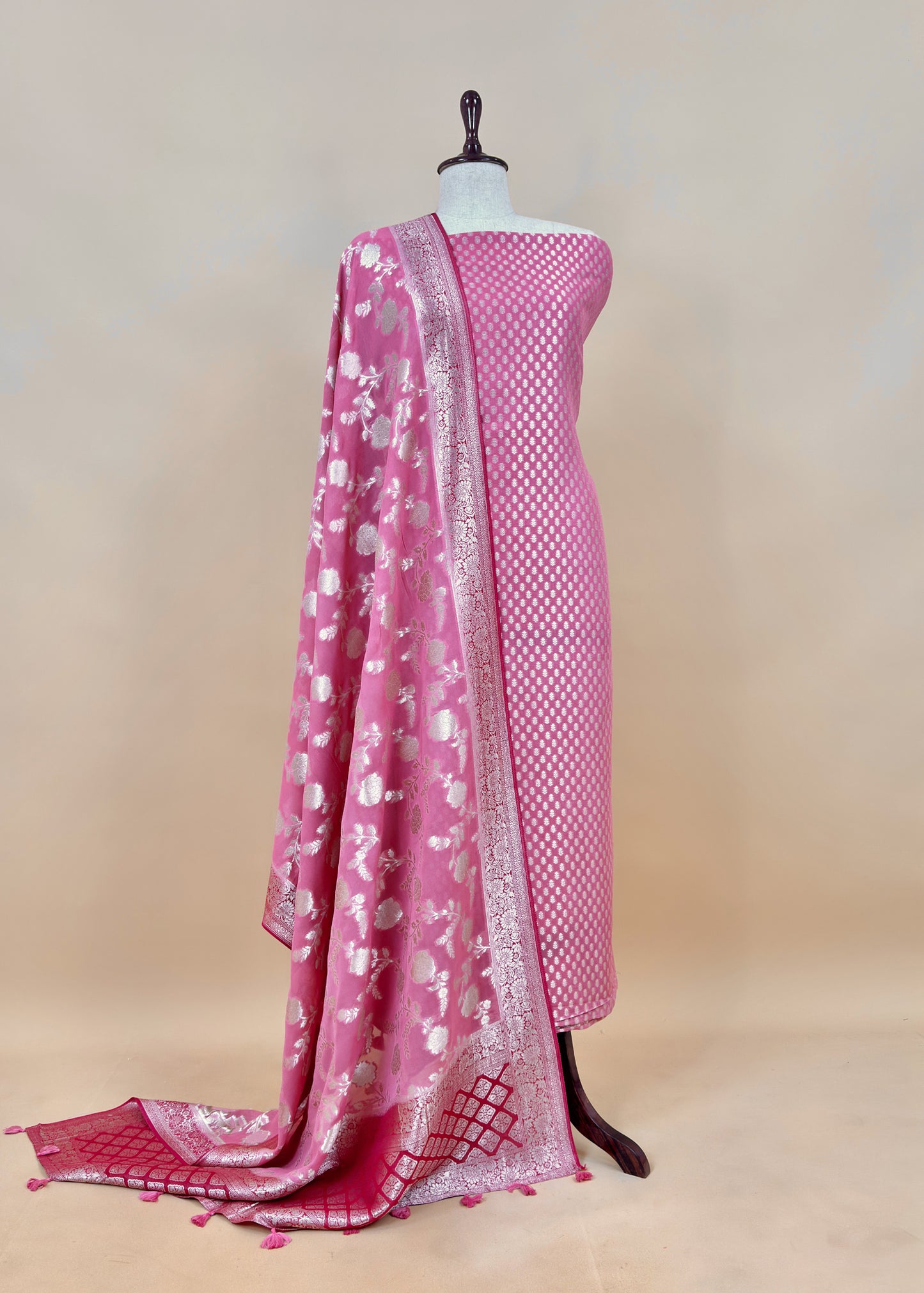 Peach Handloom Khadi Weaving Unstitched Suit In Georgette