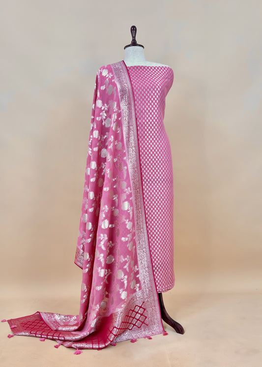 Pink Handloom Khadi Weaving Unstitched Suit In Georgette