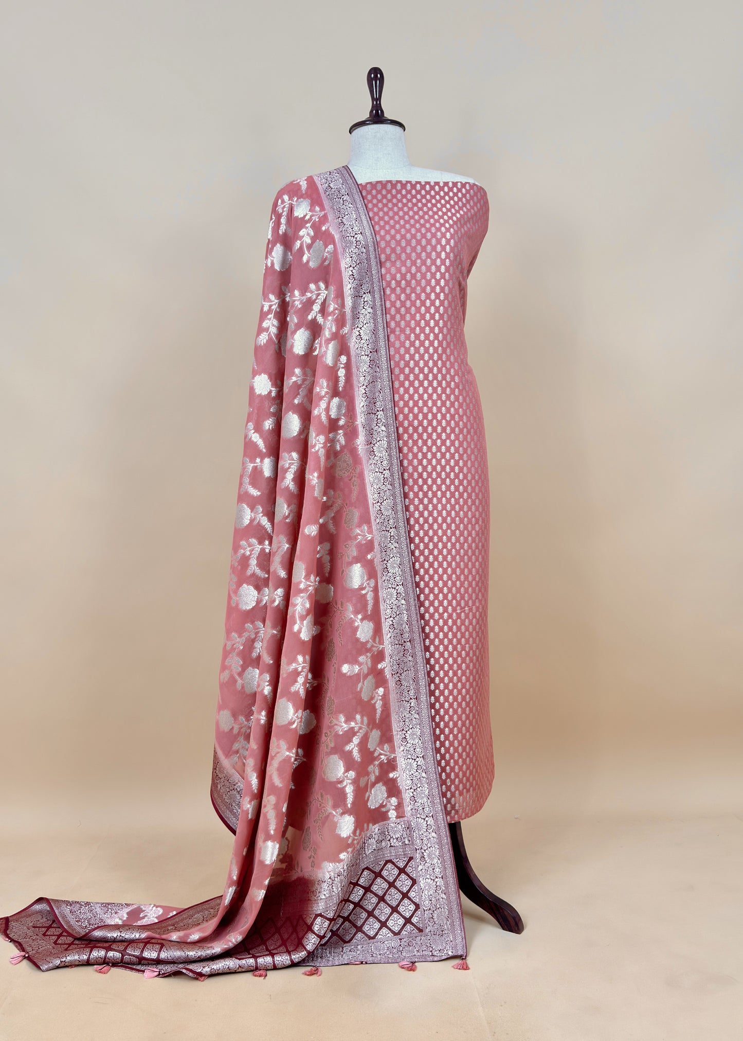 Peach Handloom Khadi Weaving Unstitched Suit In Georgette