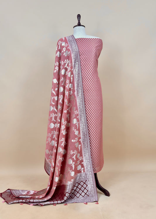 Peach Handloom Khadi Weaving Unstitched Suit In Georgette