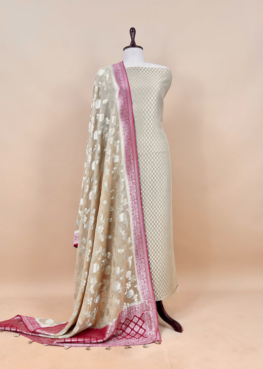 Beige Handloom Khadi Weaving Unstitched Suit In Georgette