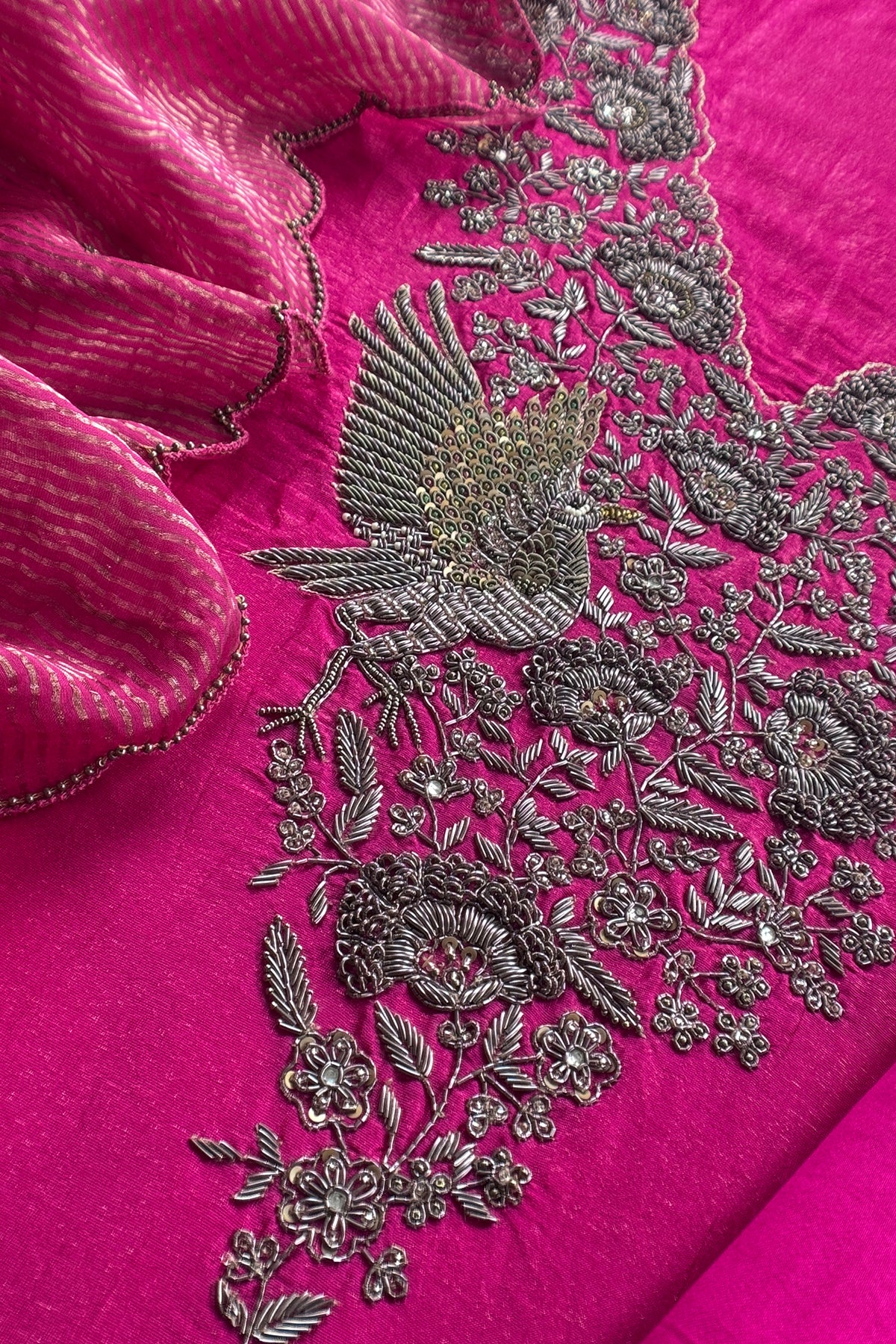 Rani Pink Pure Silk Suit With Tissue Silk Dupatta