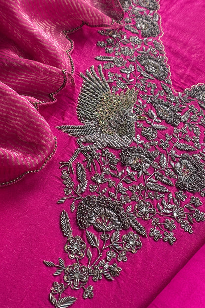 Rani Pink Pure Silk Suit With Tissue Silk Dupatta