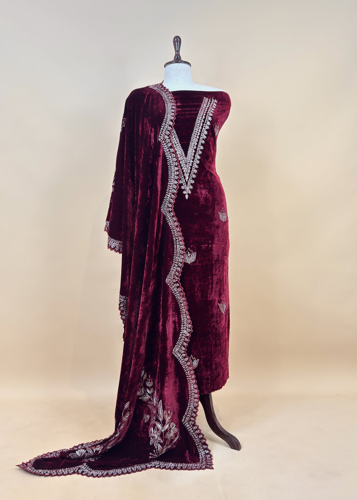 Maroon Pure Velvet Unstitched Suit In Dori Embroidery