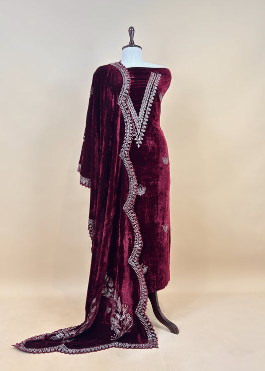 Maroon Pure Velvet Unstitched Suit In Dori Embroidery